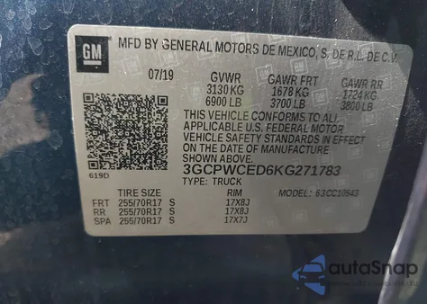 2019 Chevrolet Silverado 1500 Lt из США, поврежденный, VIN 3GCPWCED6KG271783